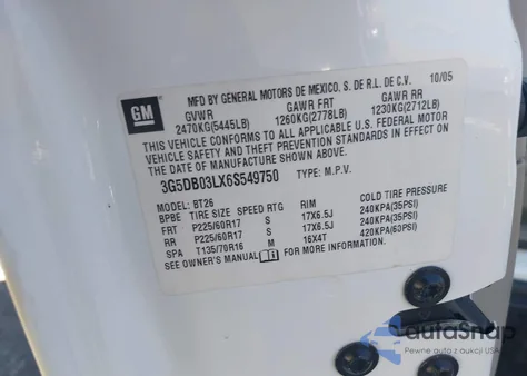 2006 Buick Rendezvous Cx z USA, uszkodzony, nr VIN 3G5DB03LX6S549750